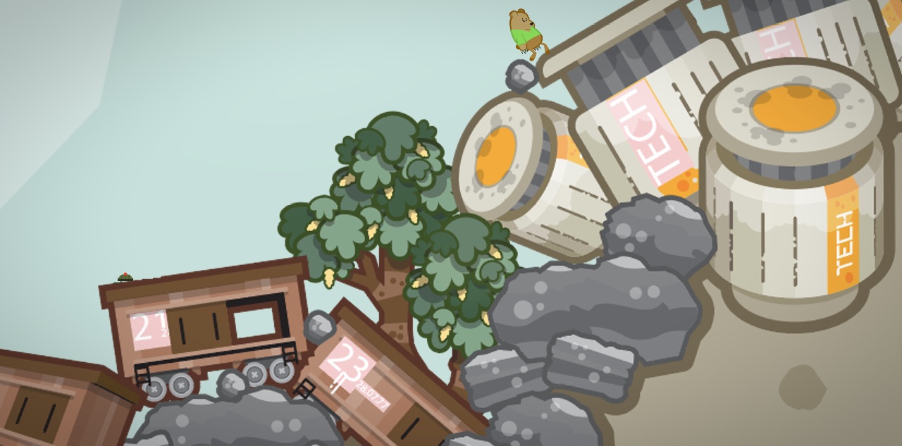 The construction site level: mine carts, rocks and TECH barrels in a valley