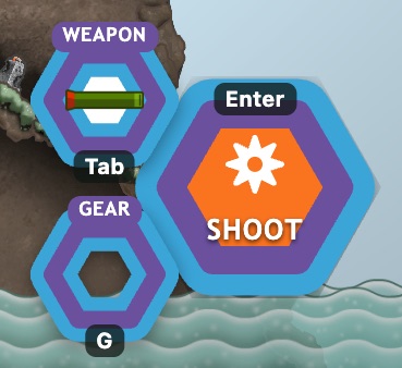 The Weapon button with Tab, the Gear button with G and the Shoot button with Enter