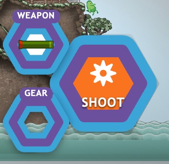 The right thumb's buttons: Weapon, Gear and the big Shoot button