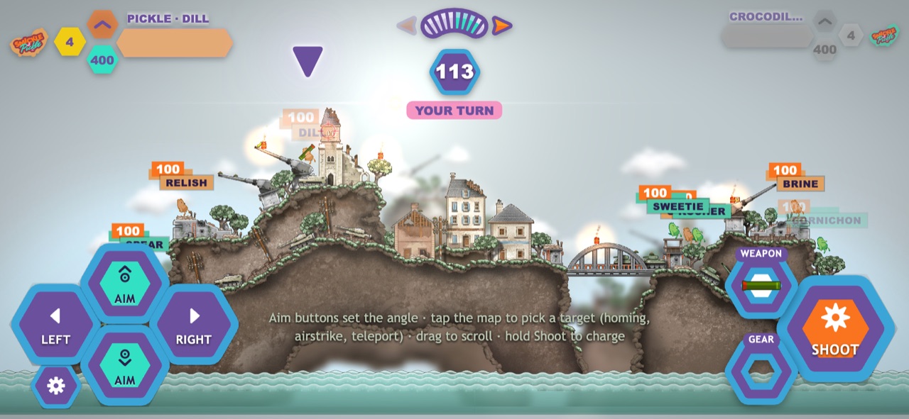 The game on a phone held sideways: move and aim buttons bottom left, weapon, gear and a big shoot button bottom right