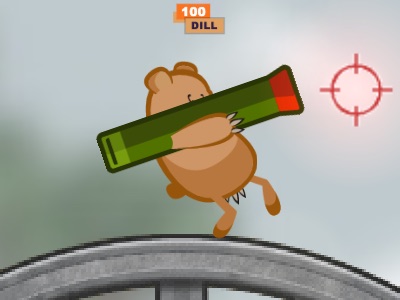 A bear with a bazooka on its shoulder