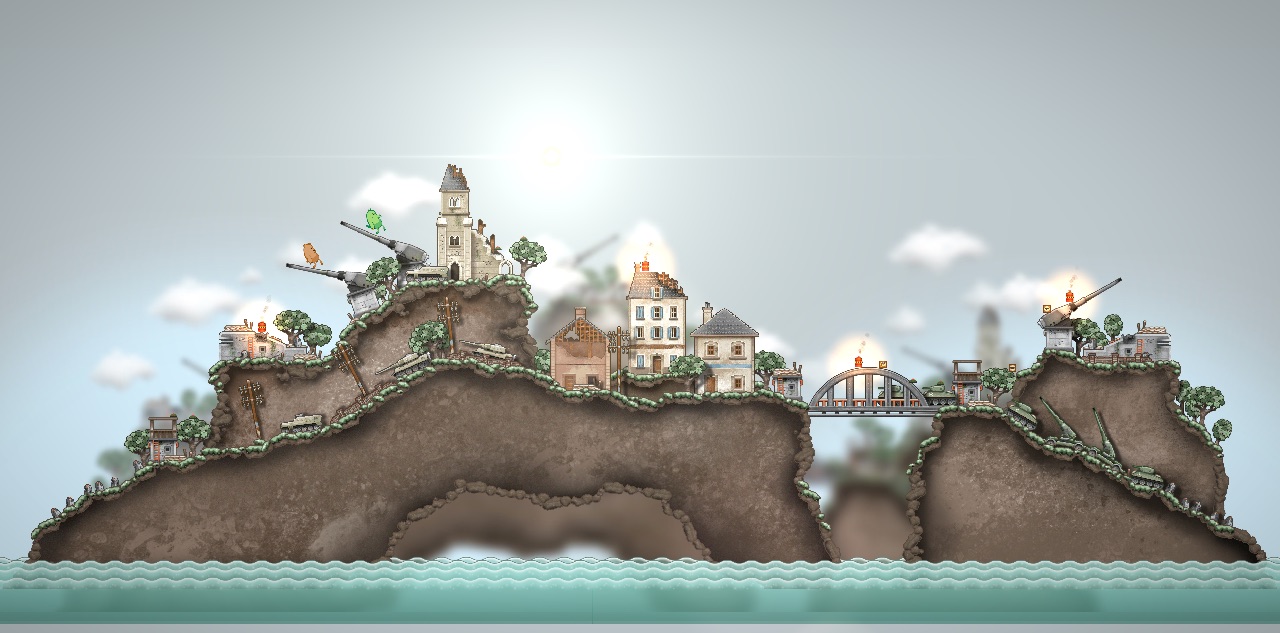 The Normandy level: hills, houses, a bridge and guns by the sea